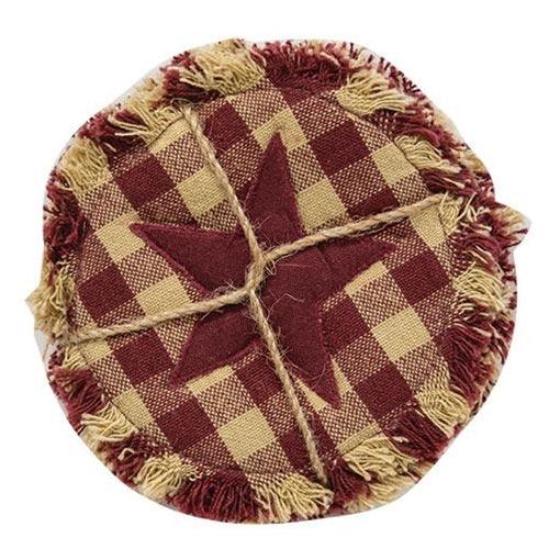 4/Set, Burgundy & Tan Check Star Applique Round Coasters