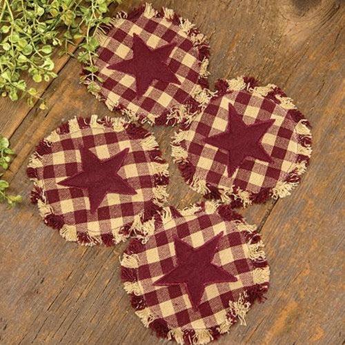 4/Set, Burgundy & Tan Check Star Applique Round Coasters