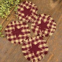 Thumbnail for 4/Set, Burgundy & Tan Check Star Applique Round Coasters