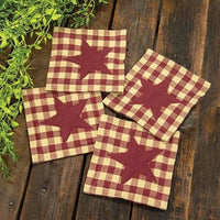 Thumbnail for 4/Set, Burgundy & Tan Check Star Applique Square Coasters