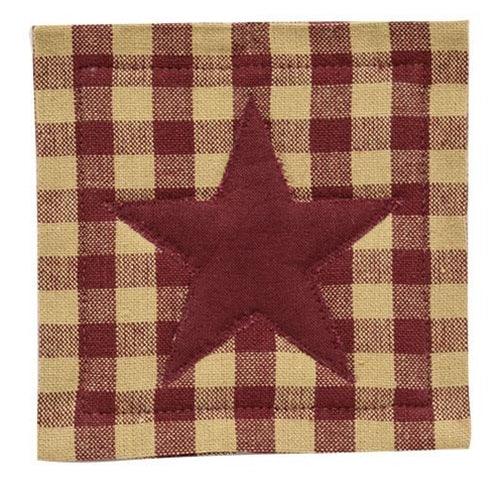 4/Set, Burgundy & Tan Check Star Applique Square Coasters