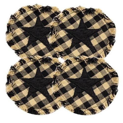 4/Set, Black & Tan Check Star Applique Round Coasters