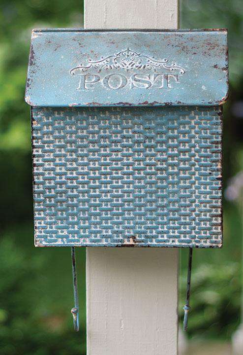 Vintage Blue Metal Basketweave Post Box w/ Hooks - The Fox Decor