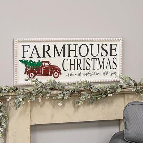 Farmhouse Christmas Truck Beaded Wood Sign
