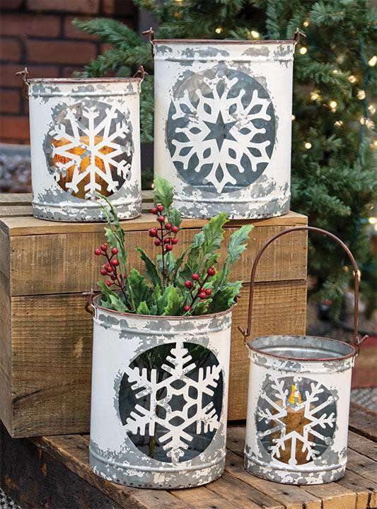 4/Set White Vintage Snowflake Buckets The Fox Decor