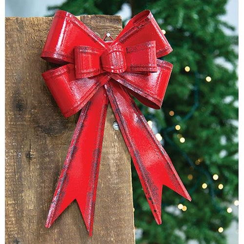 Distressed Red Metal Hanging Gift Bow