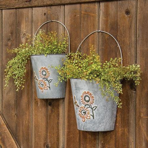 2/Set, Washed Metal Sunflower & Bee Wall Buckets