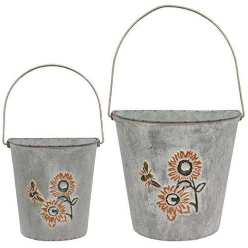 2/Set, Washed Metal Sunflower & Bee Wall Buckets