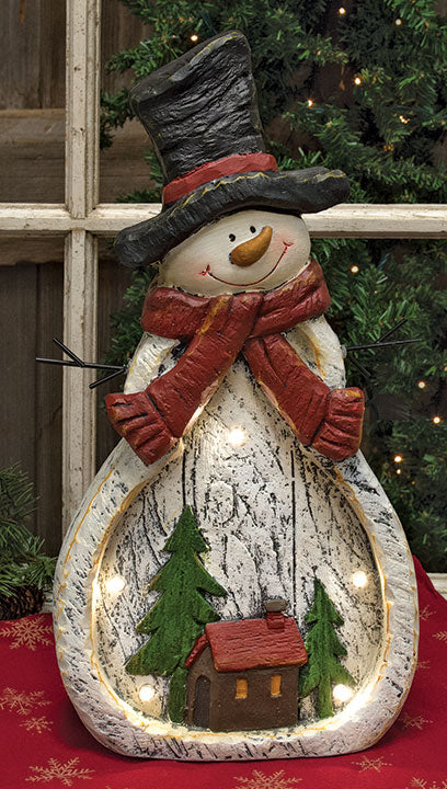 Light Up Resin Snowman With Winter House Scene