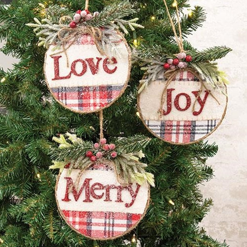 Joy, Love, Merry Christmas Snowy Check Ornament Sign, 3/Set