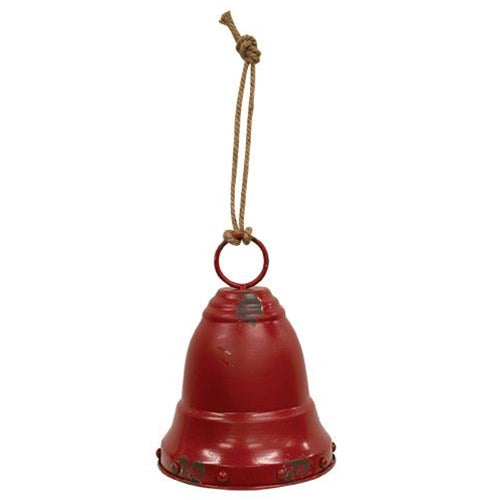 Distressed Red Metal Bell w/Jute Hanger, Large