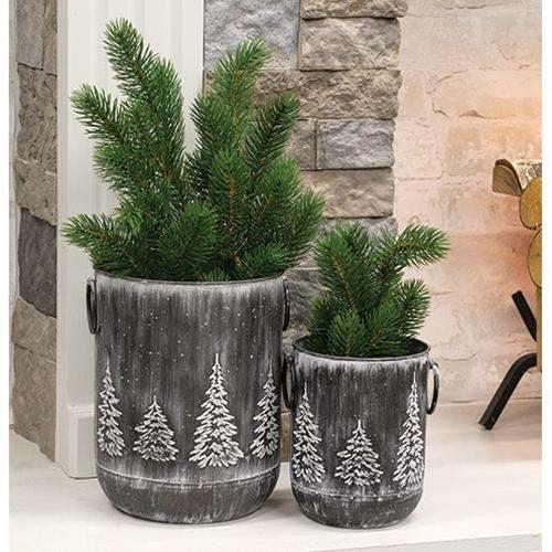 White Washed Black Metal Tree Container, 9.5" x 7.25" - The Fox Decor