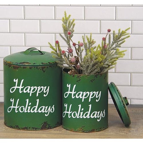 2/Set, Distressed Green Metal "Happy Holidays" Containers - The Fox Decor