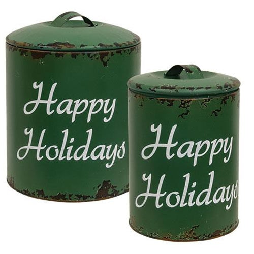 2/Set, Distressed Green Metal "Happy Holidays" Containers