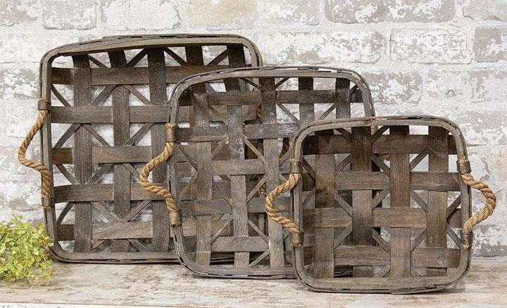 3/Set, Natural Square Tobacco Baskets w/Jute Handles - The Fox Decor