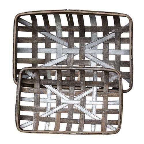 2/Set, Gray Wash Rectangle Tobacco Baskets w/Metal Strips - The Fox Decor