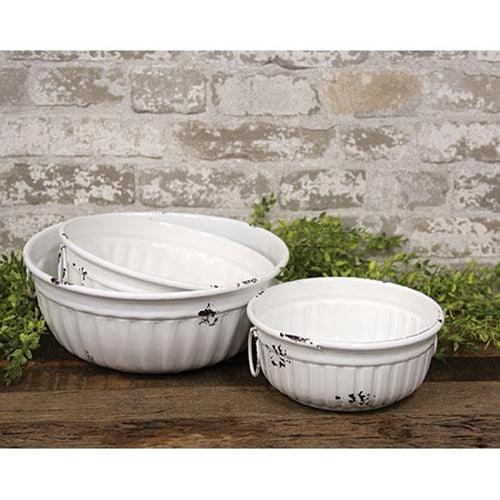 3/Set, Distressed White Metal Bowls w/Handles