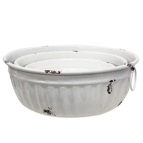 3/Set, Distressed White Metal Bowls w/Handles - The Fox Decor