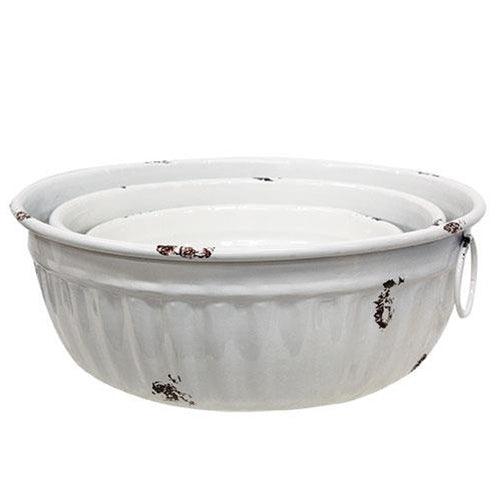 3/Set, Distressed White Metal Bowls w/Handles