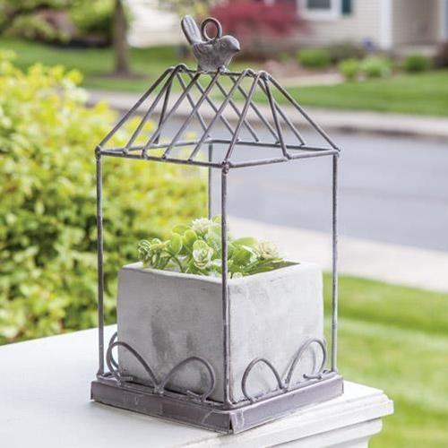 Graywash Metal Birdcage With Cement Planter - The Fox Decor