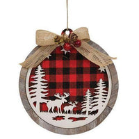 Thumbnail for Wooden Red & Black Plaid Moose Scene Ornament - The Fox Decor