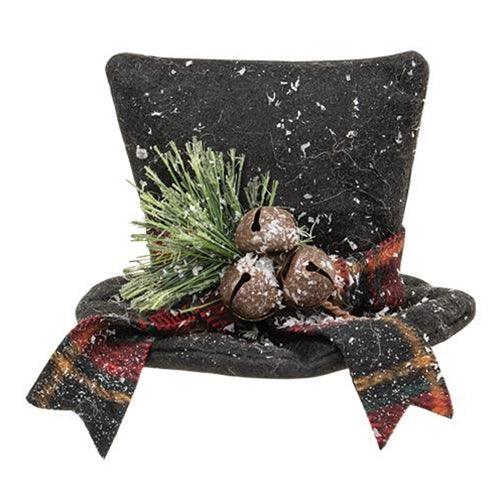 Snowy Stuffed Felt Top Hat w/Pine & Bells - The Fox Decor