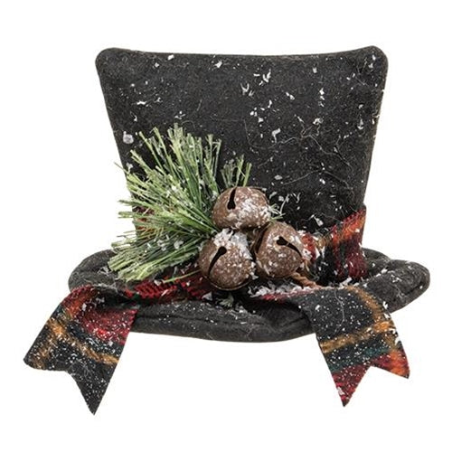 Snowy Stuffed Felt Top Hat w/Pine & Bells