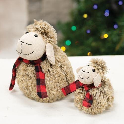 Plush Furry Sheep w/Red & Black Plaid Scarf, Small - The Fox Decor