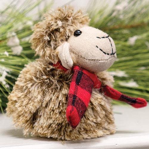 Plush Furry Sheep w/Red & Black Plaid Scarf, Small - The Fox Decor