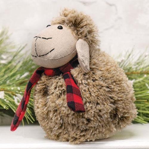 Plush Furry Sheep w/Red & Black Plaid Scarf, Large - The Fox Decor