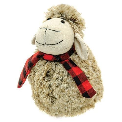 Plush Furry Sheep w/Red & Black Plaid Scarf, Large - The Fox Decor