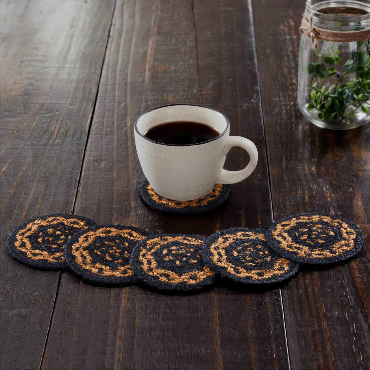 Black & Tan Jute Coaster Set of 6 VHC Brands