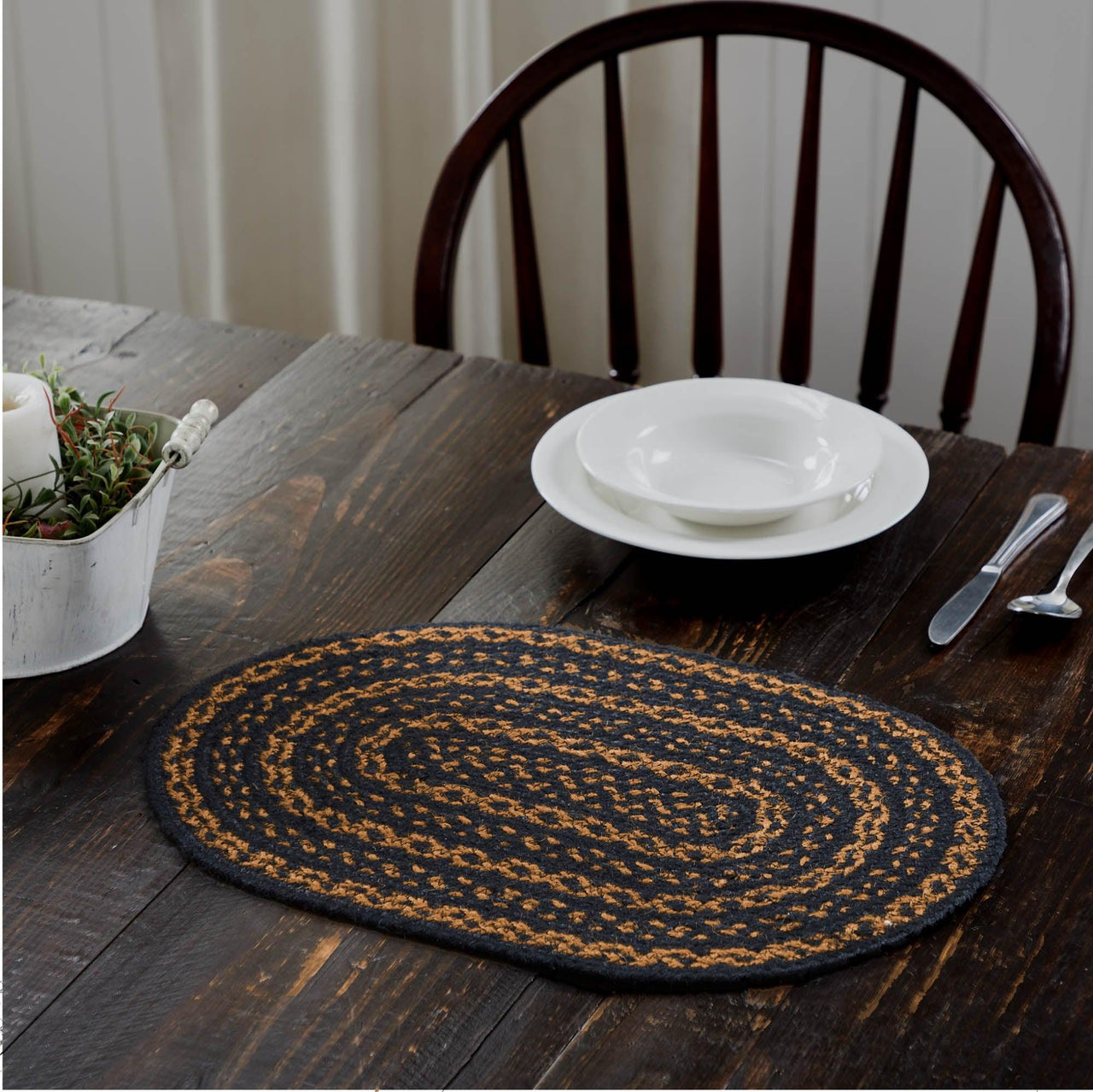 Black & Tan Jute Oval Placemat 12x18 VHC Brands - The Fox Decor