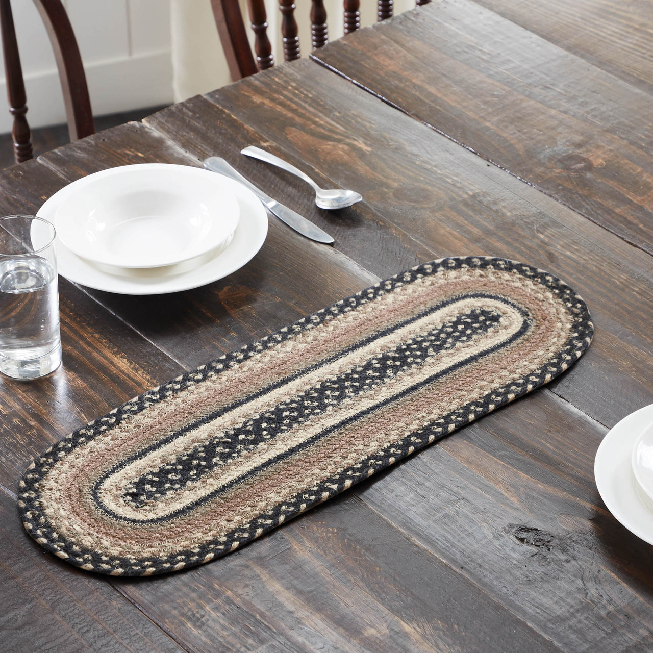 Sawyer Mill Charcoal Creme Jute Braided Oval Table Runner 8"x24" VHC Brands