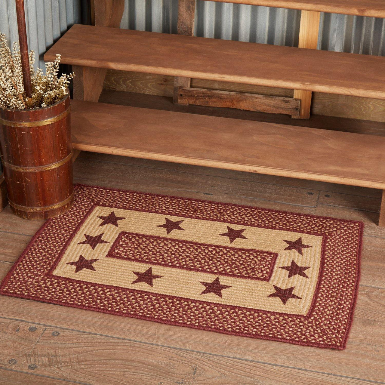 Burgundy Red Primitive Jute Braided Rug Rect Stencil Stars 20"x30" with Rug Pad VHC Brands - The Fox Decor