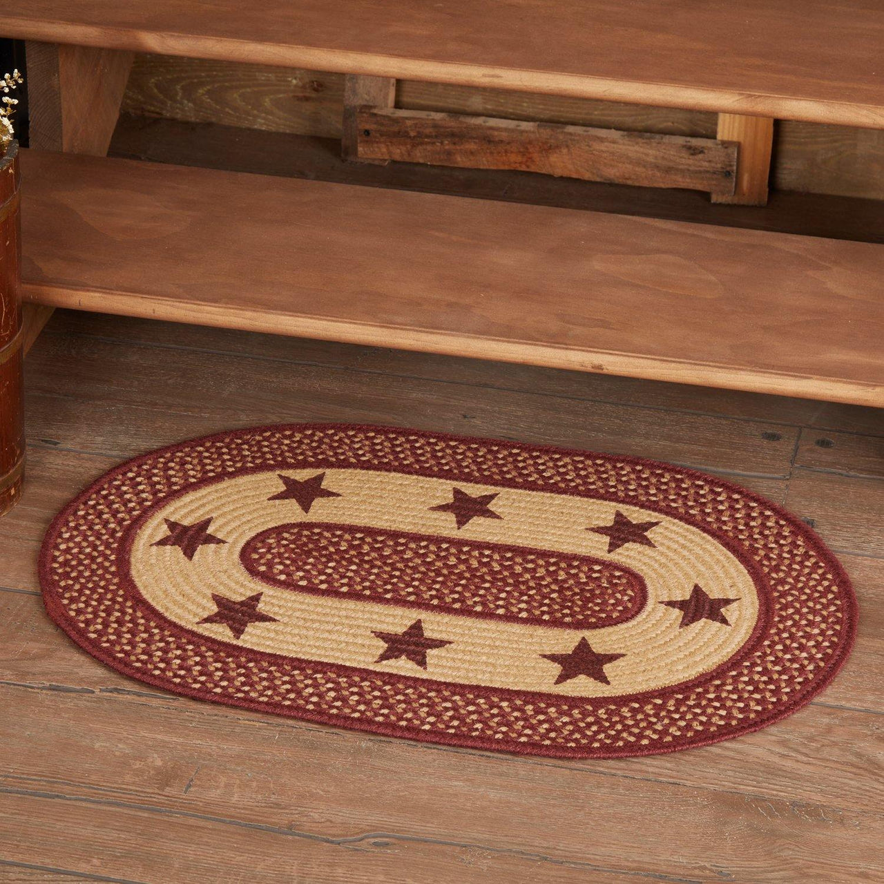 Burgundy Red Primitive Jute Braided Rug Oval Stencil Stars 20"x30" with Rug Pad VHC Brands - The Fox Decor