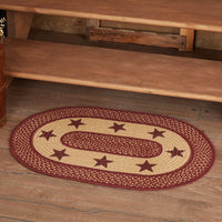 Burgundy Red Primitive Jute Braided Rug Oval Stencil Stars 20