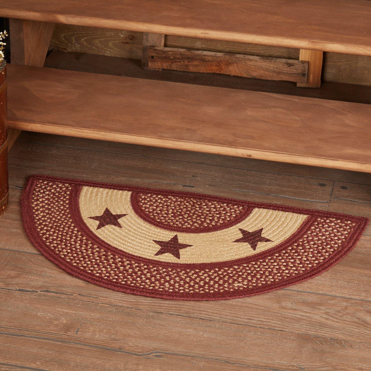 Burgundy Red Primitive Jute Braided Rug Half Circle Stencil Stars 16.5"x33" with Rug Pad VHC Brands - The Fox Decor