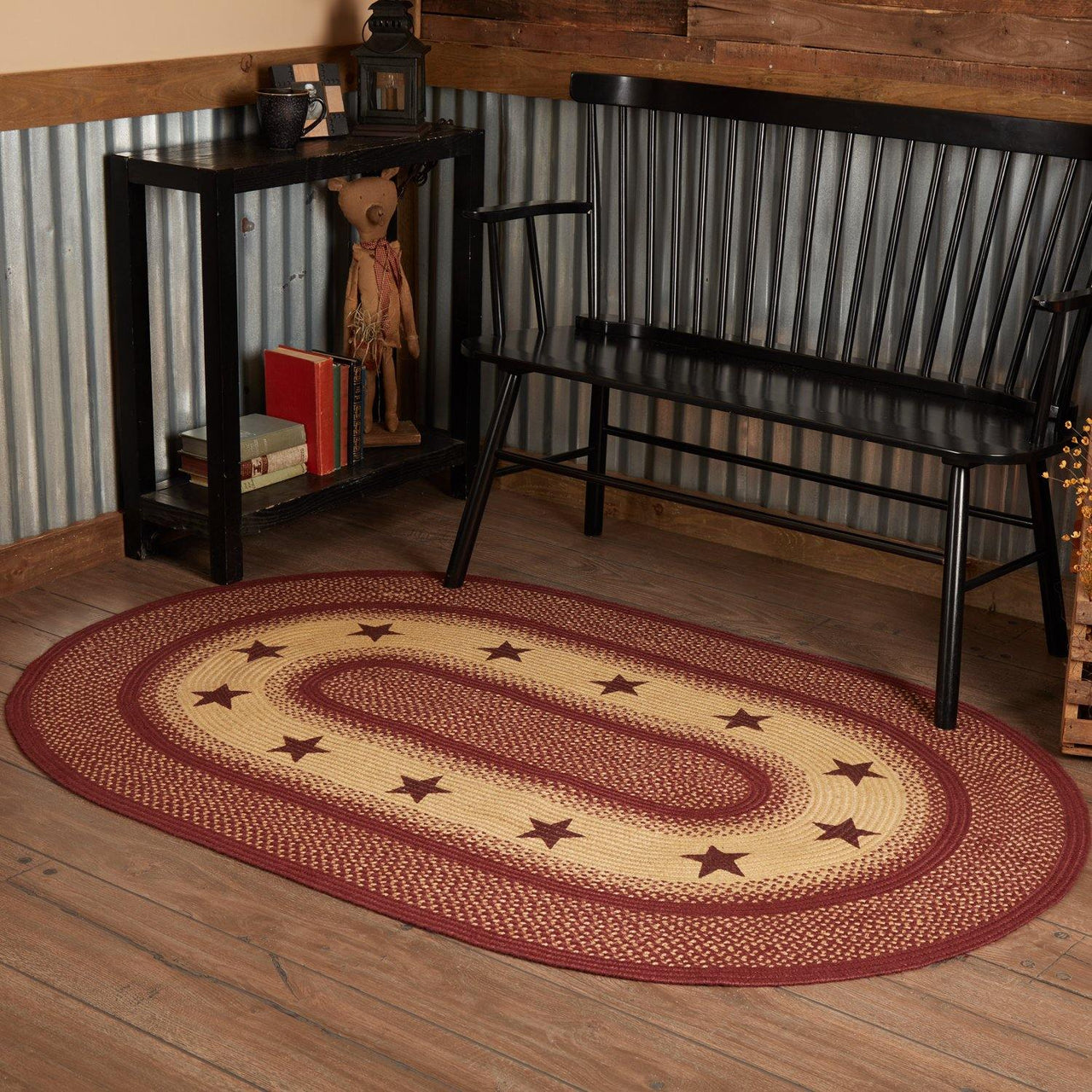 Burgundy Red Primitive Jute Braided Rug Oval Stencil Stars 4'x6' with Rug Pad VHC Brands - The Fox Decor