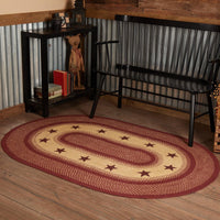Thumbnail for Burgundy Red Primitive Jute Braided Rug Oval Stencil Stars 4'x6' with Rug Pad VHC Brands - The Fox Decor