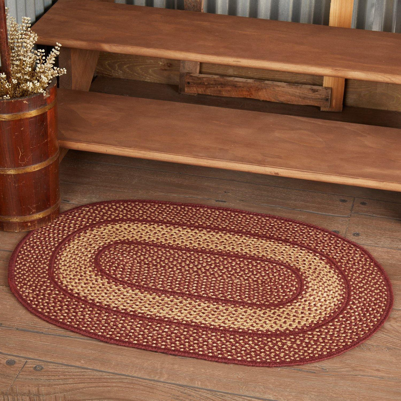 Burgundy Red Primitive Jute Braided Rug Oval 24"x36" with Rug Pad VHC Brands - The Fox Decor