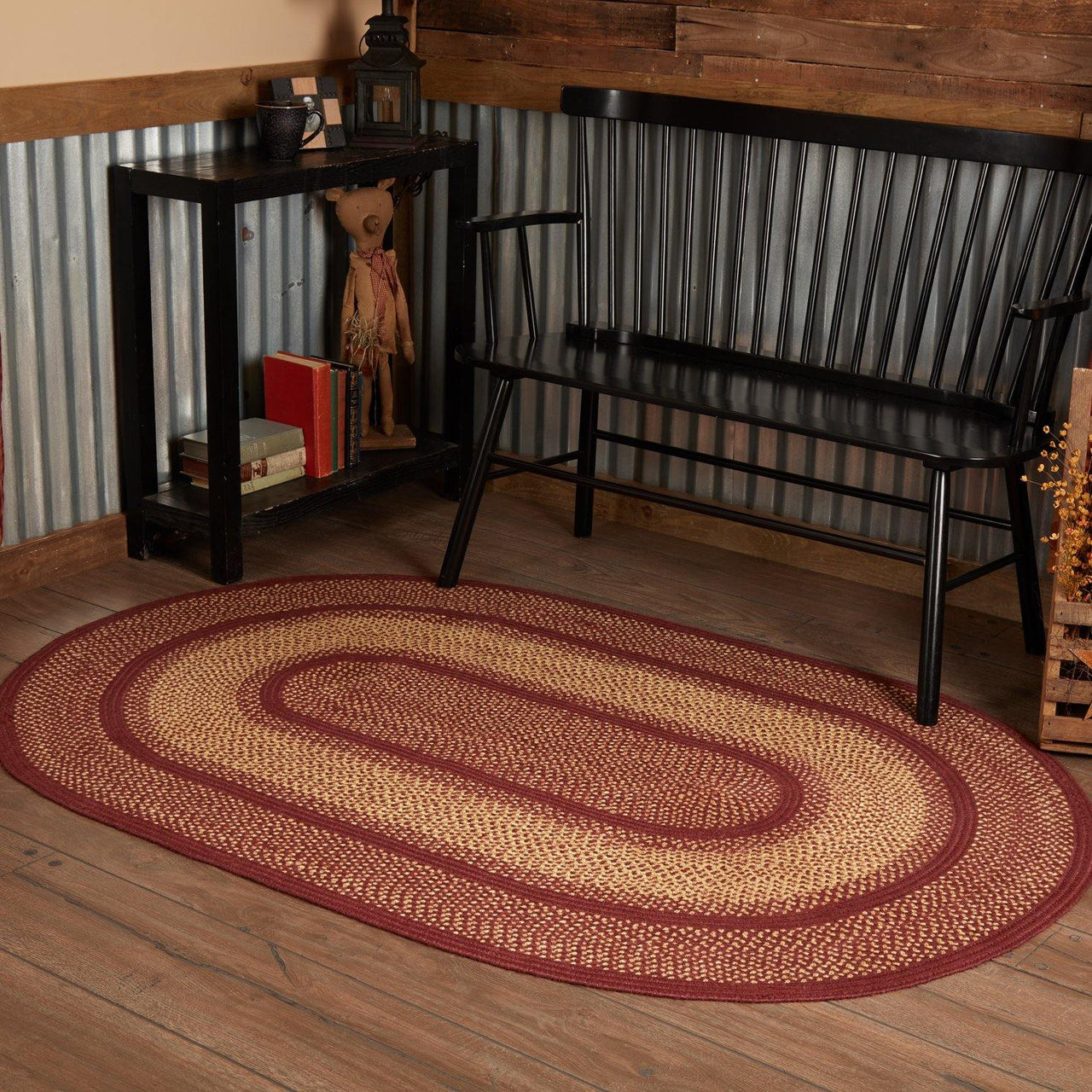 Burgundy Red Primitive Jute Braided Rug Oval 4'x6' with Rug Pad VHC Brands - The Fox Decor