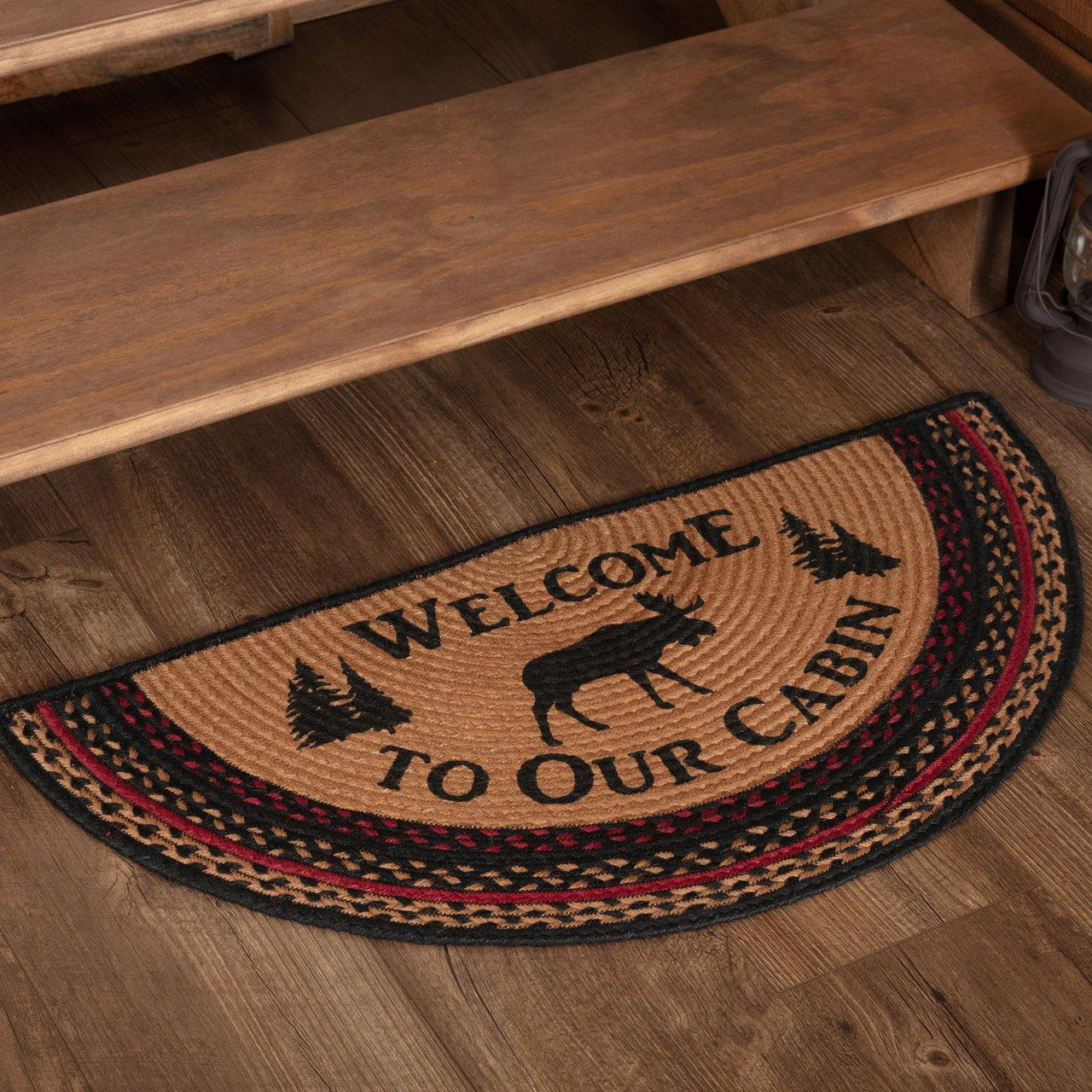 Cumberland Stenciled Moose Jute Braided Rug Half Circle Welcome to the Cabin 16.5"x33" with Rug Pad VHC Brands - The Fox Decor