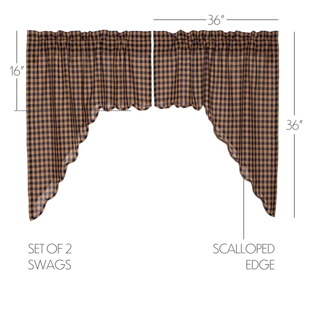 Navy Check Scalloped Swag Curtain Set 36" x 36" VHC Brands