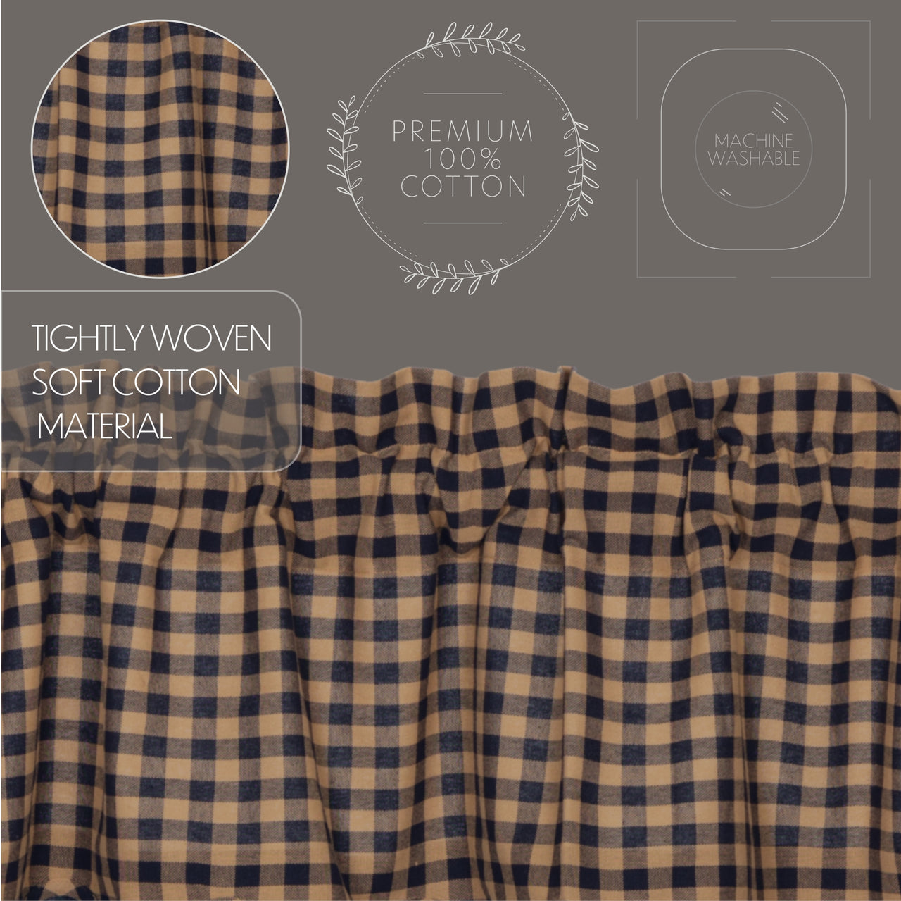 Navy Check Scalloped Swag Curtain Set 36" x 36" VHC Brands