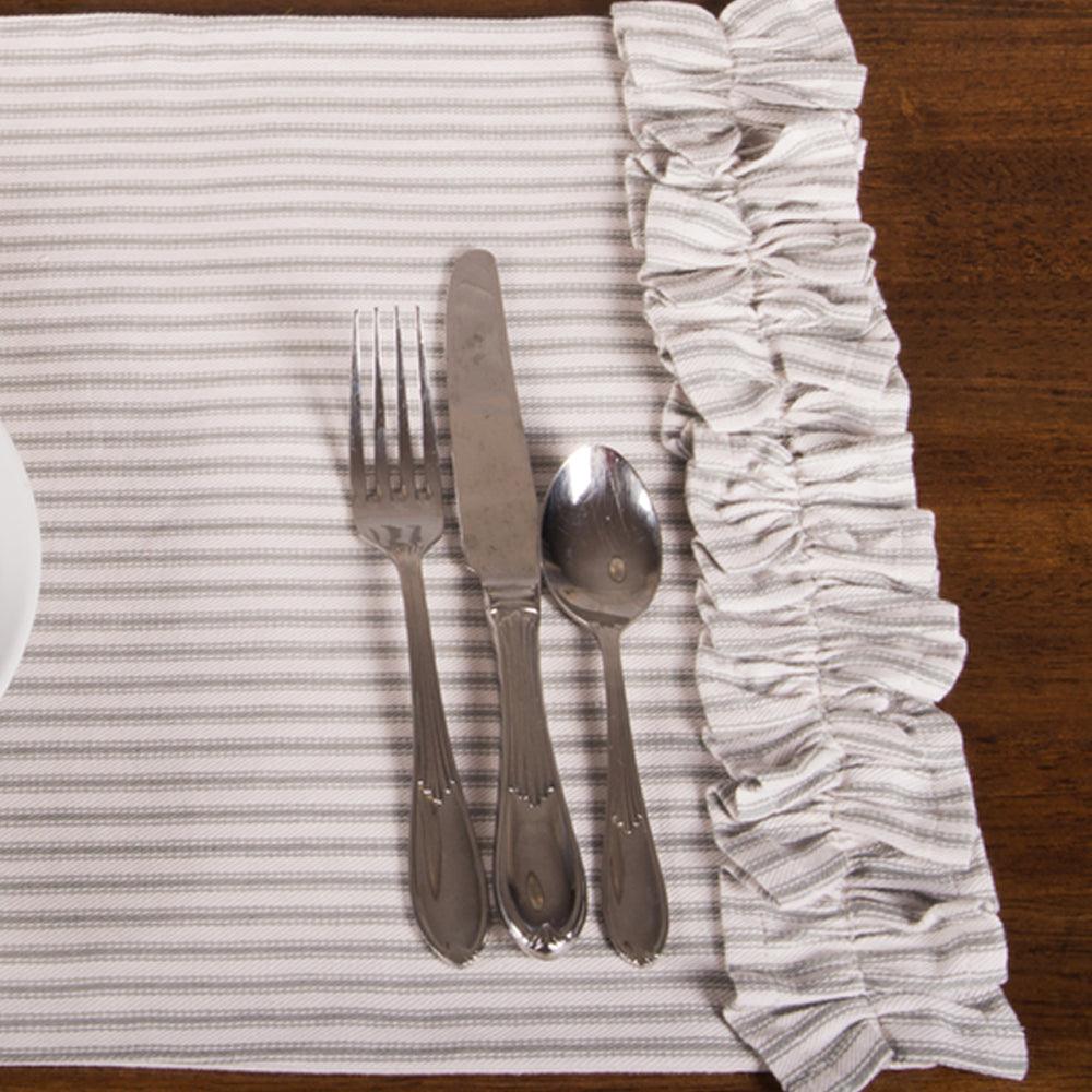 Grey Ticking Ruffle Placemat set of Six PM179087 - The Fox Decor