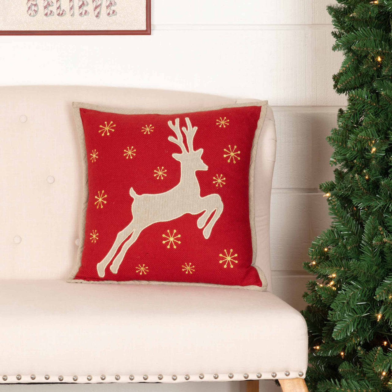 Burlap Santa Reindeer Pillow 18x18 VHC Brands