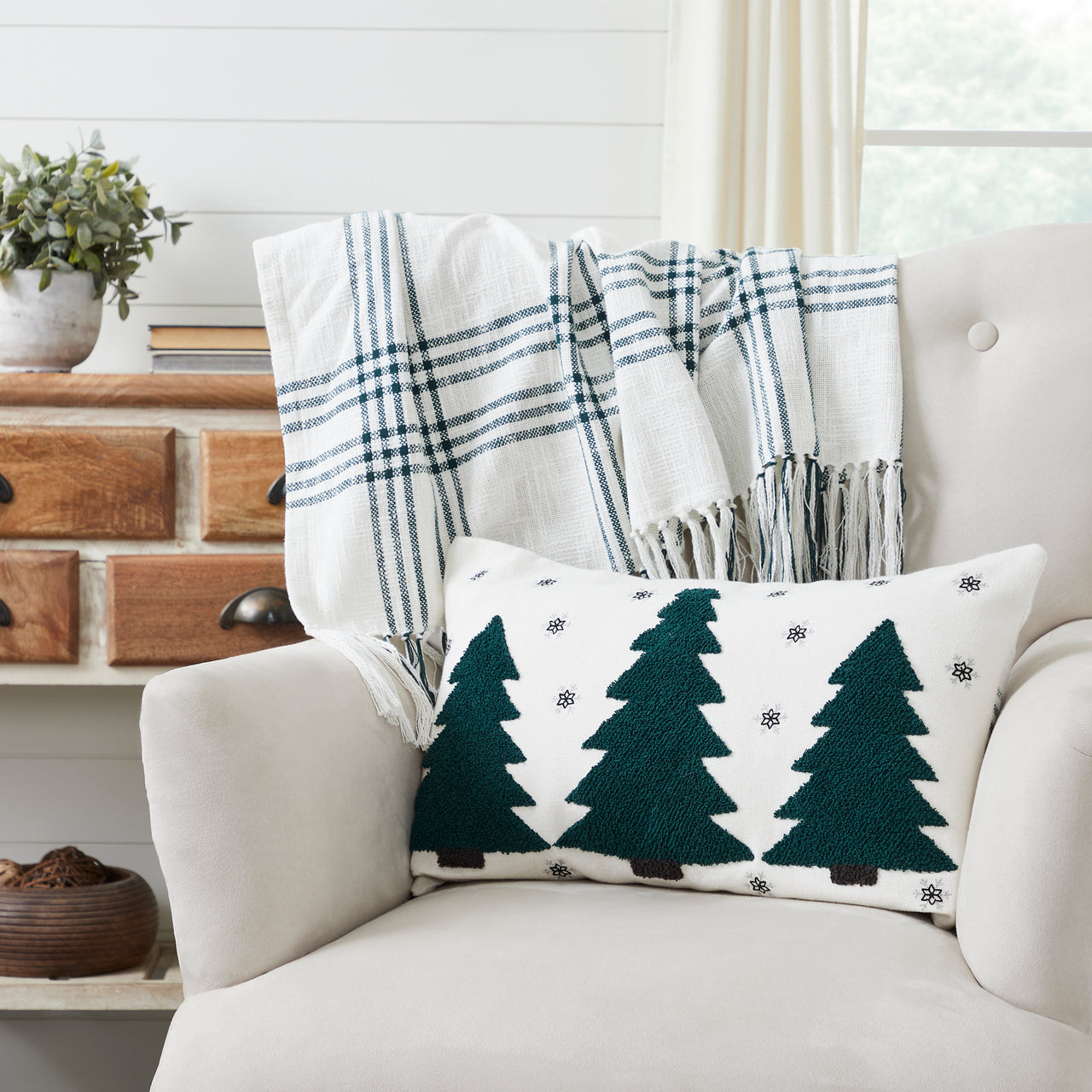 Pine Grove Plaid Embroidered Trees Pillow Cover 14x22 VHC Brands
