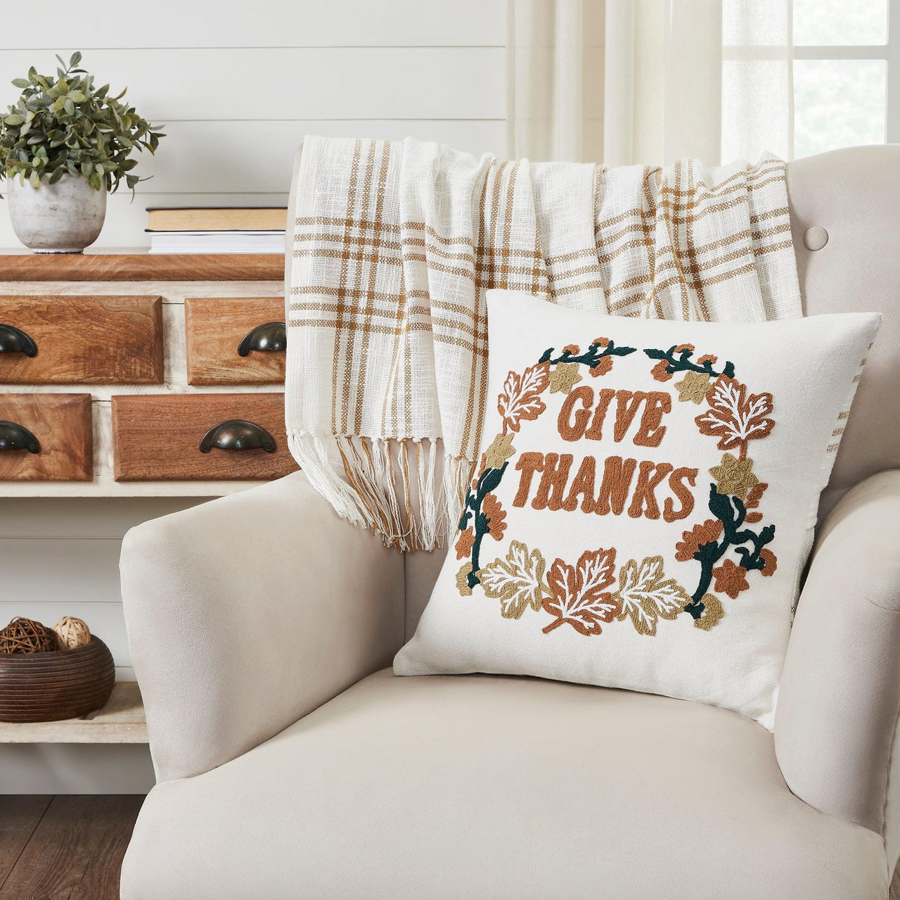 Wheat Plaid Give Thanks Pillow 18x18 VHC Brands - The Fox Decor