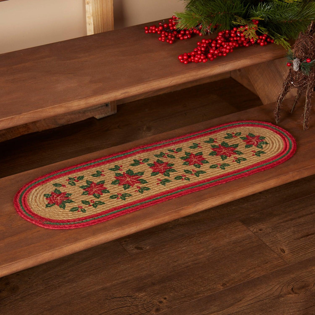 Poinsettia Jute Stair Tread Oval Latex 8.5x27 VHC Brands - The Fox Decor